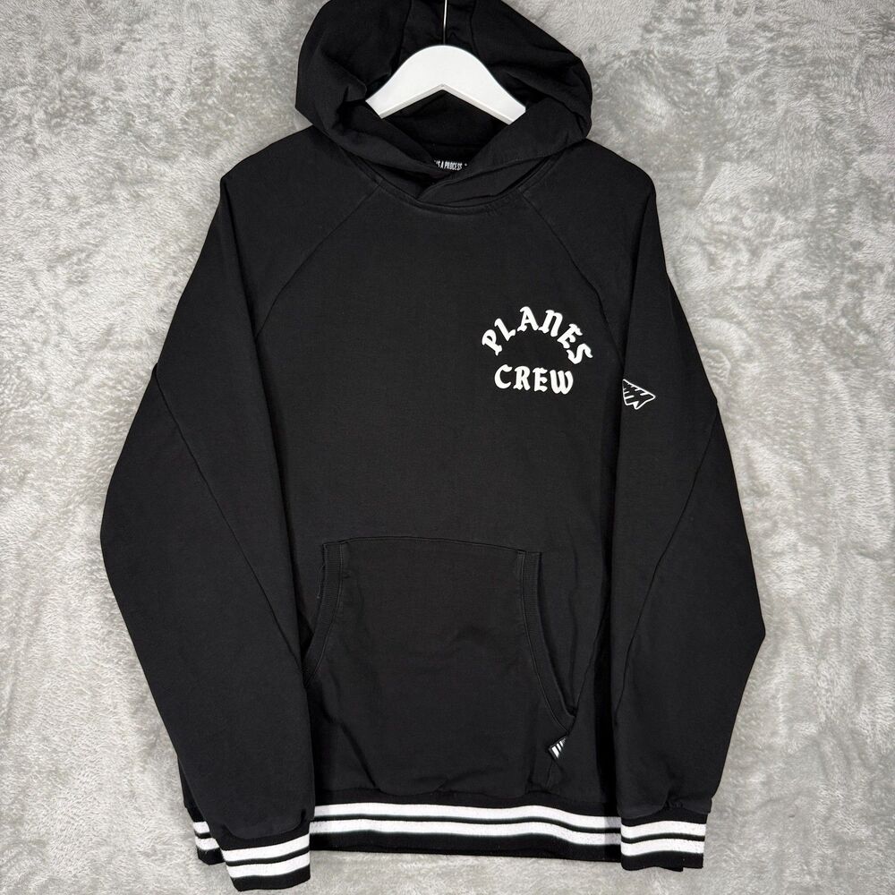 Paper Planes Crew Hoodie Men XL Black White Chest Logo Cotton Stretch Sweatshirt